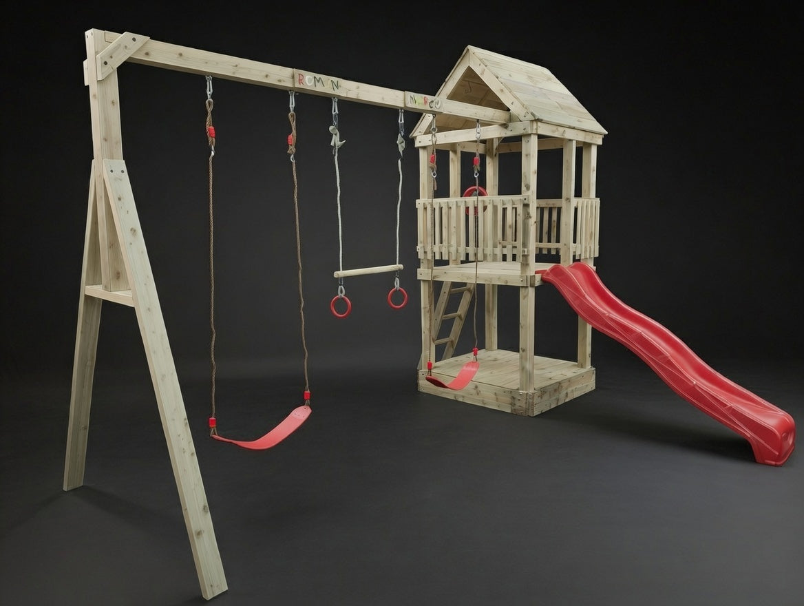 Standard 1.2mx1.2m Play Triple Delight Tower (#9) - with trapeze, slide and 2 swings