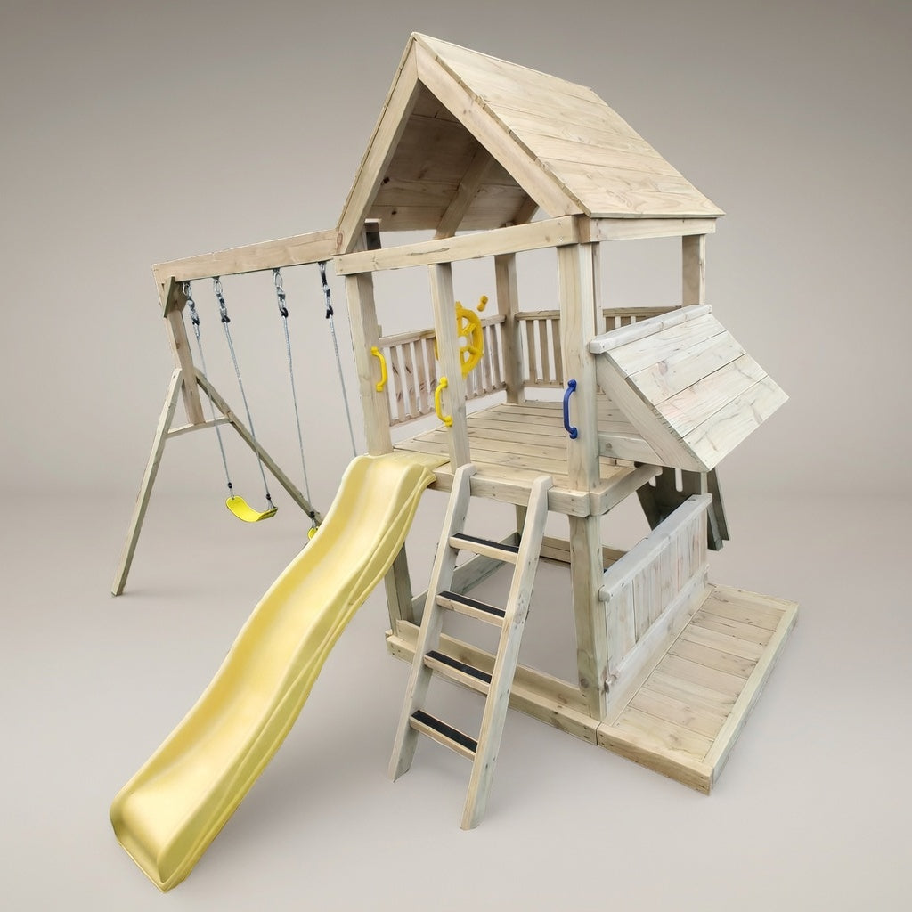 Large 1.5mx1.5m Play Tower (#4) - with slide, shopfront, rock wall, sandpit and swings
