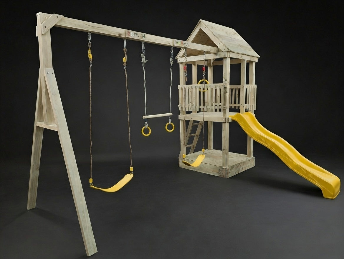 Standard 1.2mx1.2m Play Triple Delight Tower (#9) - with trapeze, slide and 2 swings