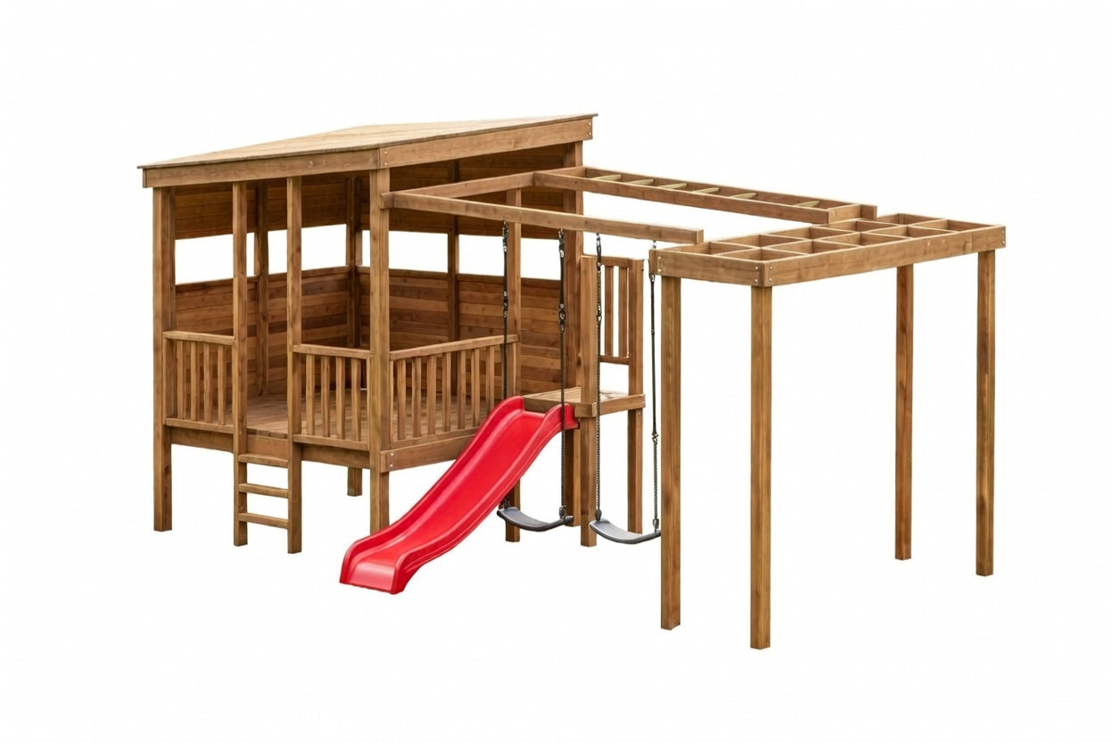 Acacia Playhouse (#3) - Large Painted with slide, monkey bars, swings and pergola