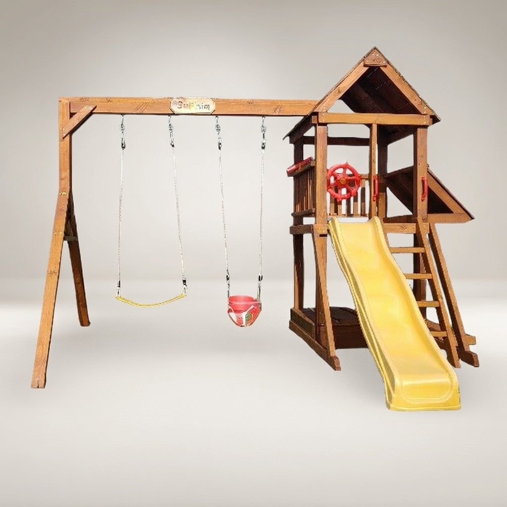 Standard 1.2mx1.2m Play Tower (#6) - with shopfront, patio, slide and swings