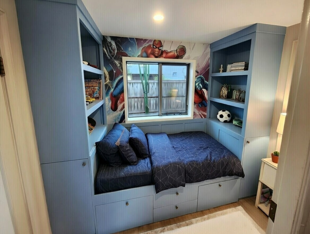 Alcove Storage Bed with Built-In Shelving