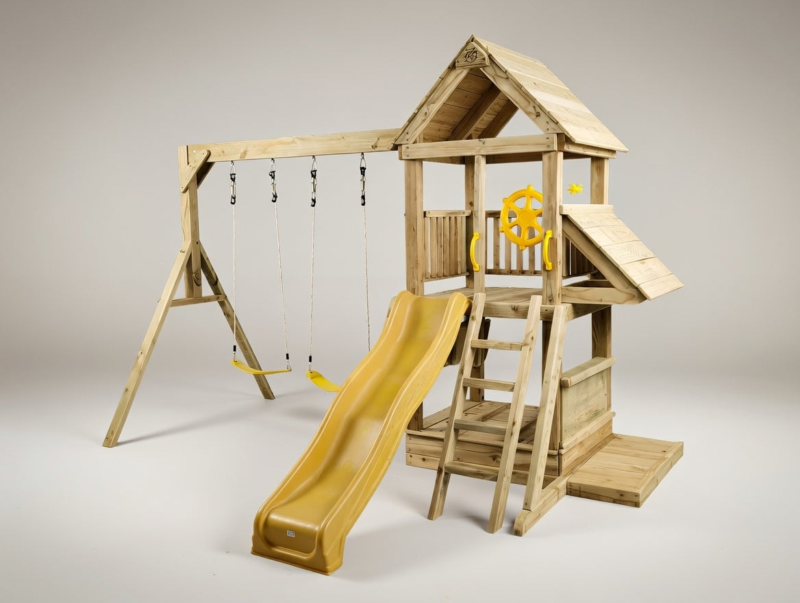 Standard 1.2mx1.2m Play Tower (#6) - with shopfront, patio, slide and swings