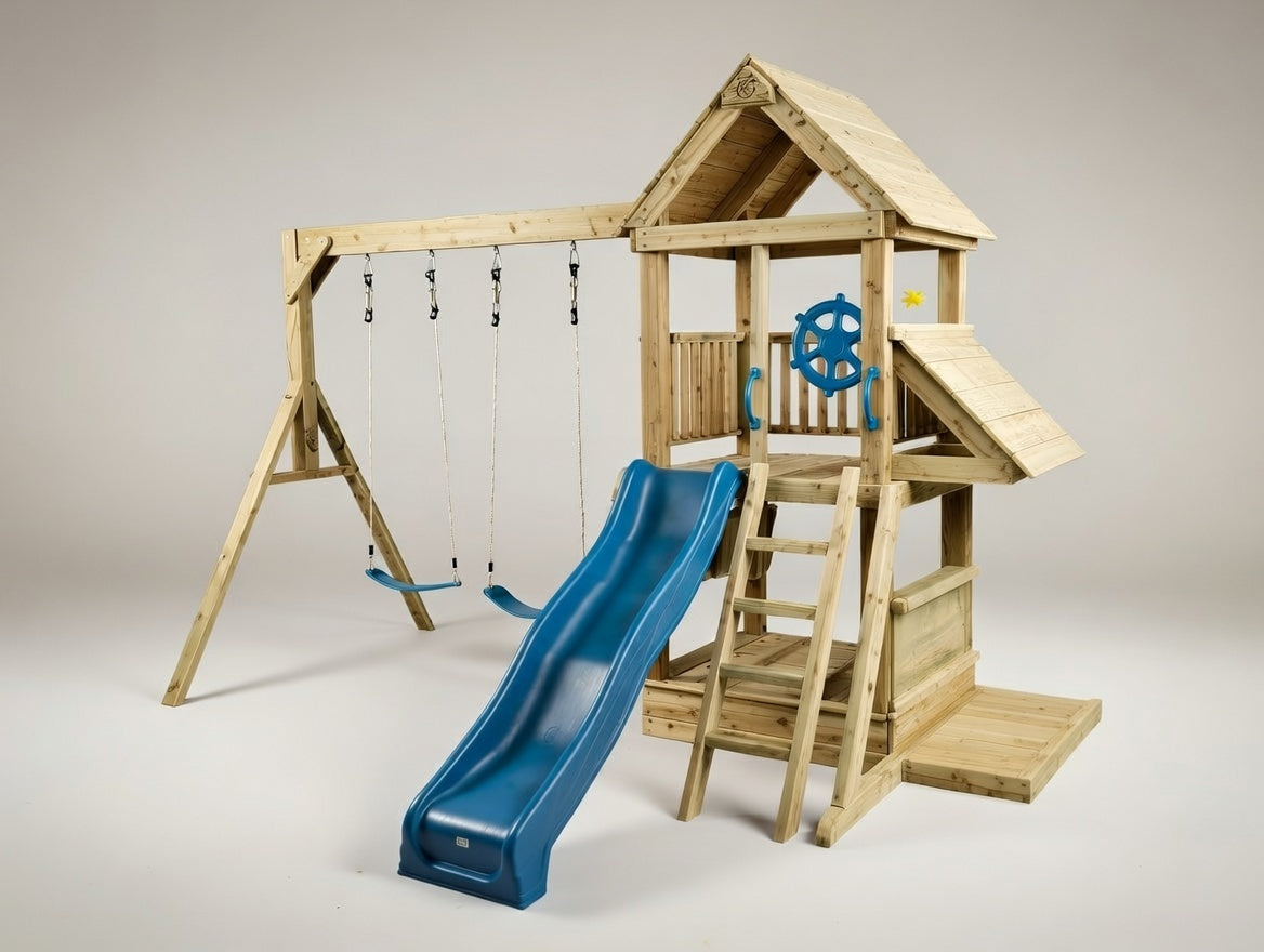 Standard 1.2mx1.2m Play Tower (#6) - with shopfront, patio, slide and swings