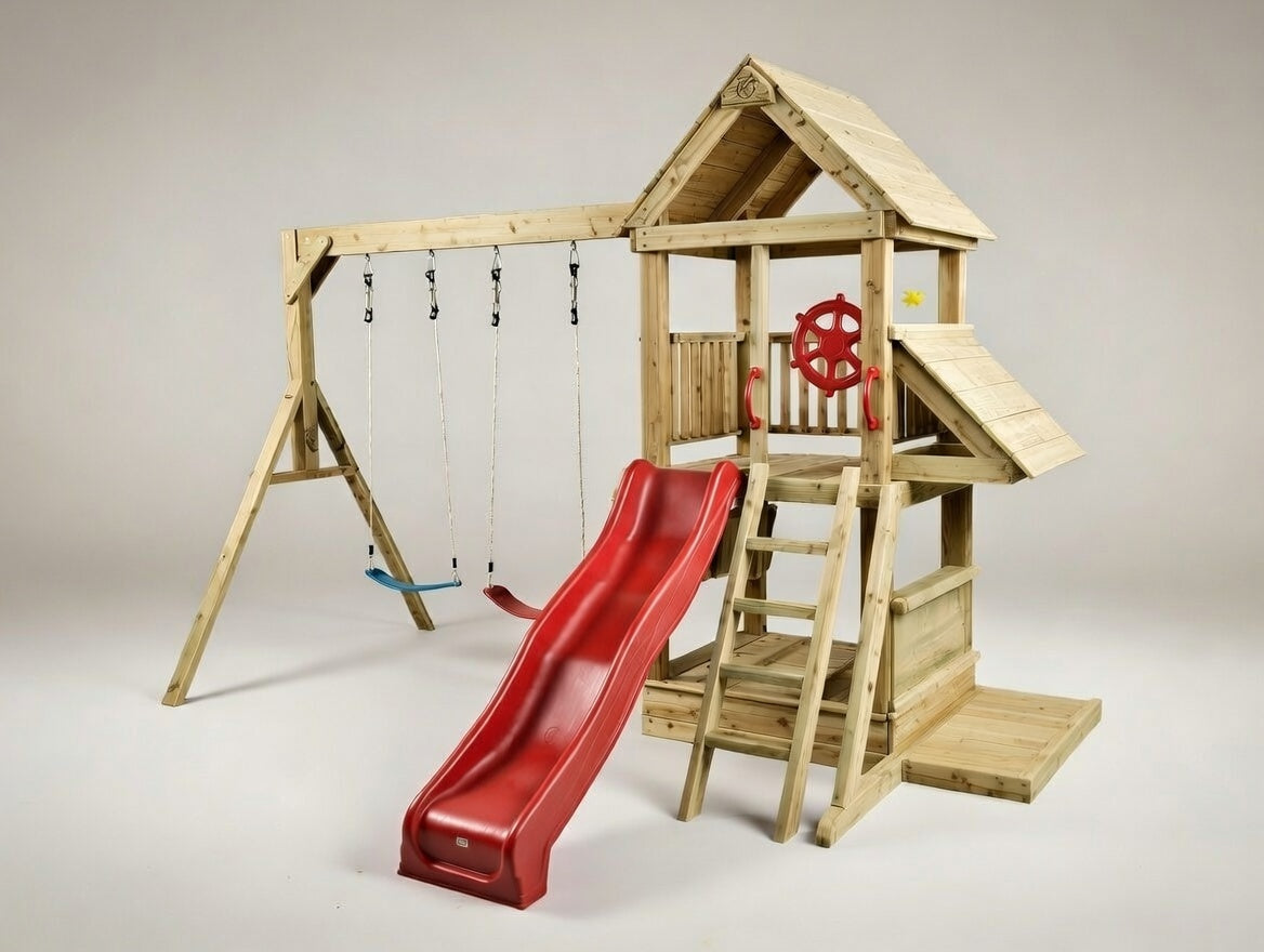 Standard 1.2mx1.2m Play Tower (#6) - with shopfront, patio, slide and swings