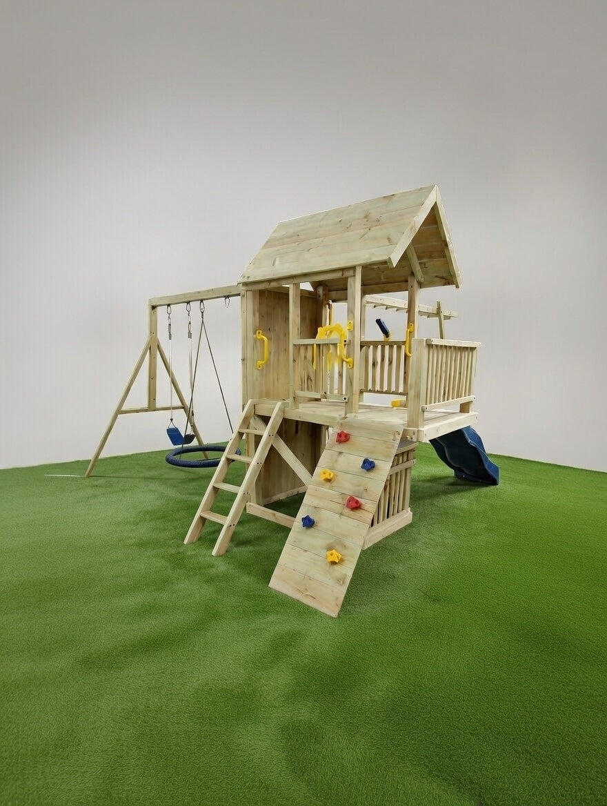 Super Large 2.1mx1.2m Balcony Tower Ultimate (#2)- monkey bars, slide, net and flexi swing and 2x rock walls