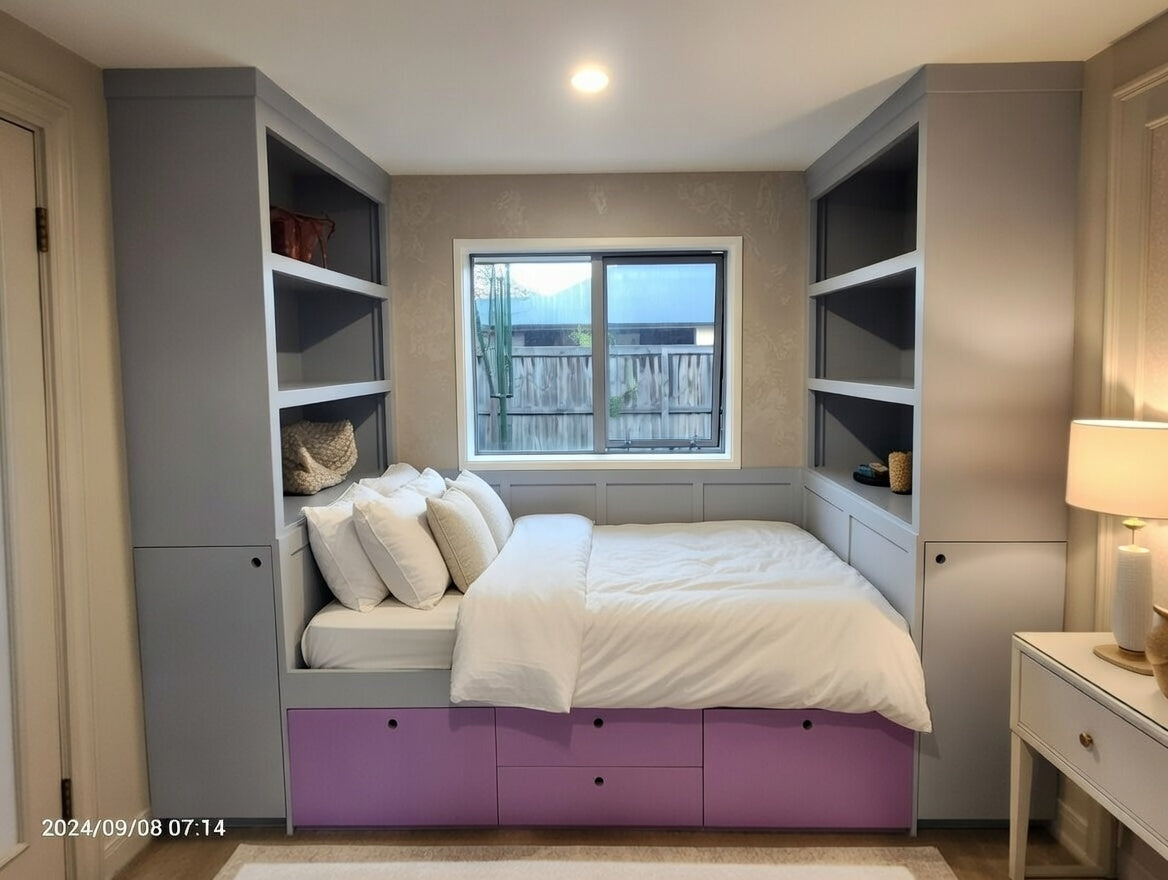 Alcove Storage Bed with Built-In Shelving