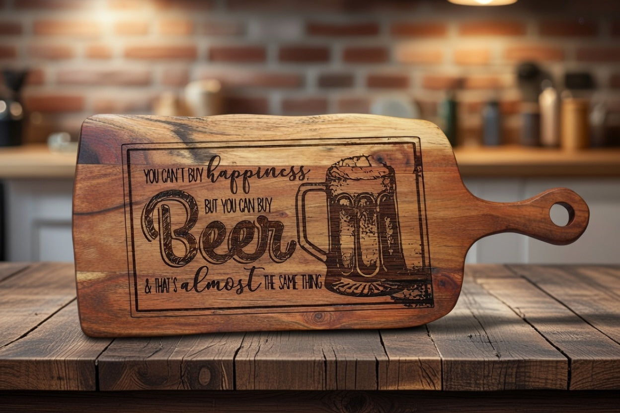 Beer Happiness Quote Engraved Wooden Serving Board