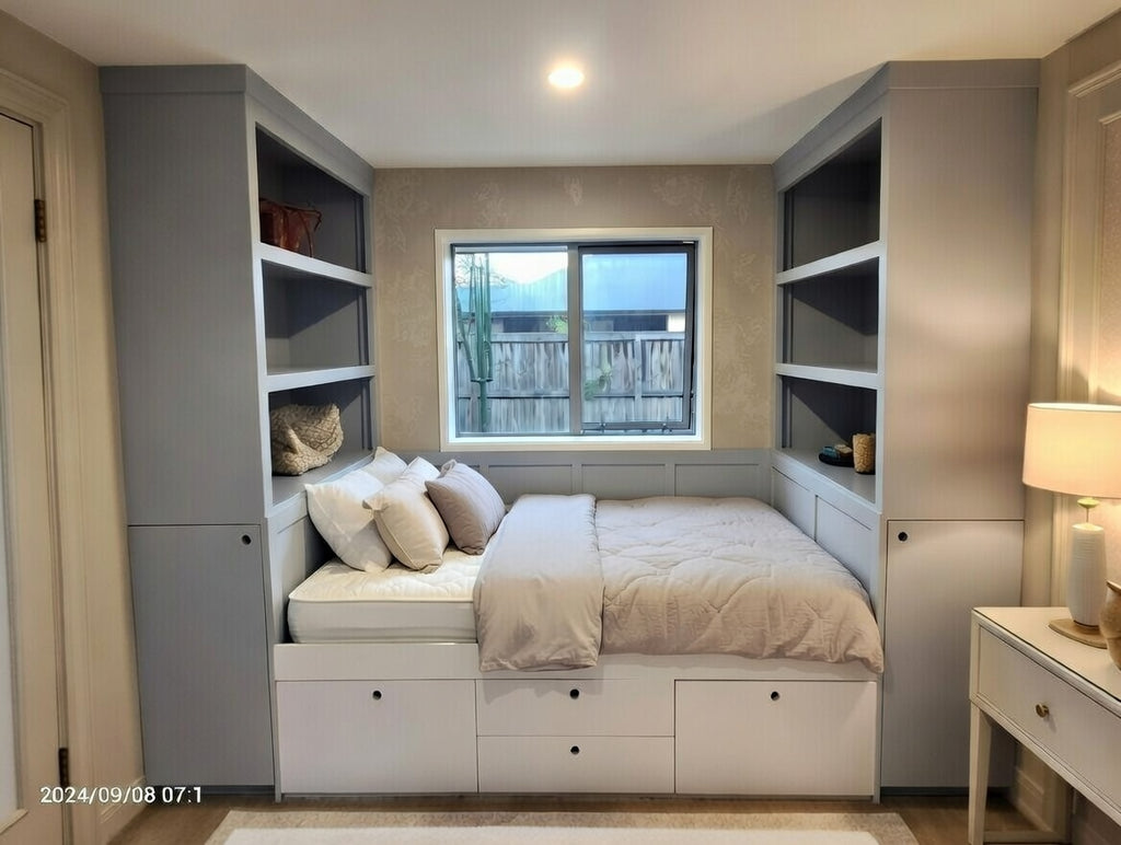 Alcove Storage Bed with Built-In Shelving