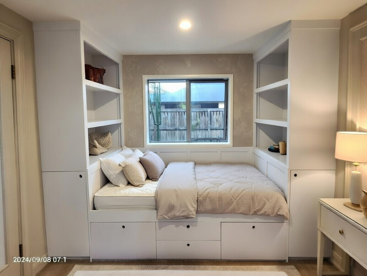 Alcove Storage Bed with Built-In Shelving