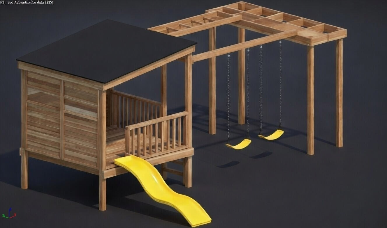 Acacia Playhouse (#3) - Large Painted/Stained with slide, monkey bars, swings and pergola