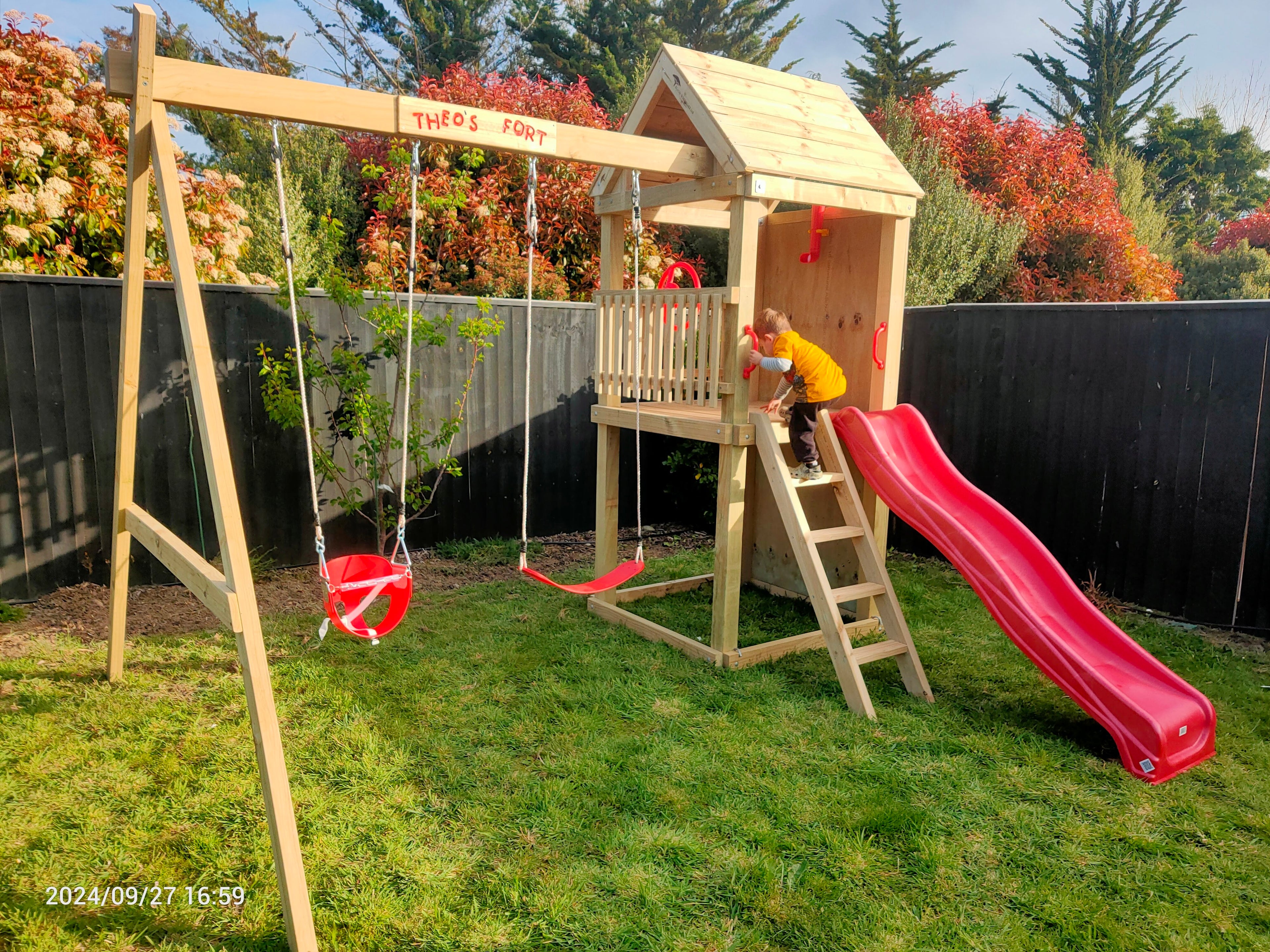 Standard 1.2mx1.2m Play Tower (#4) - with climbing wall, slide and swings
