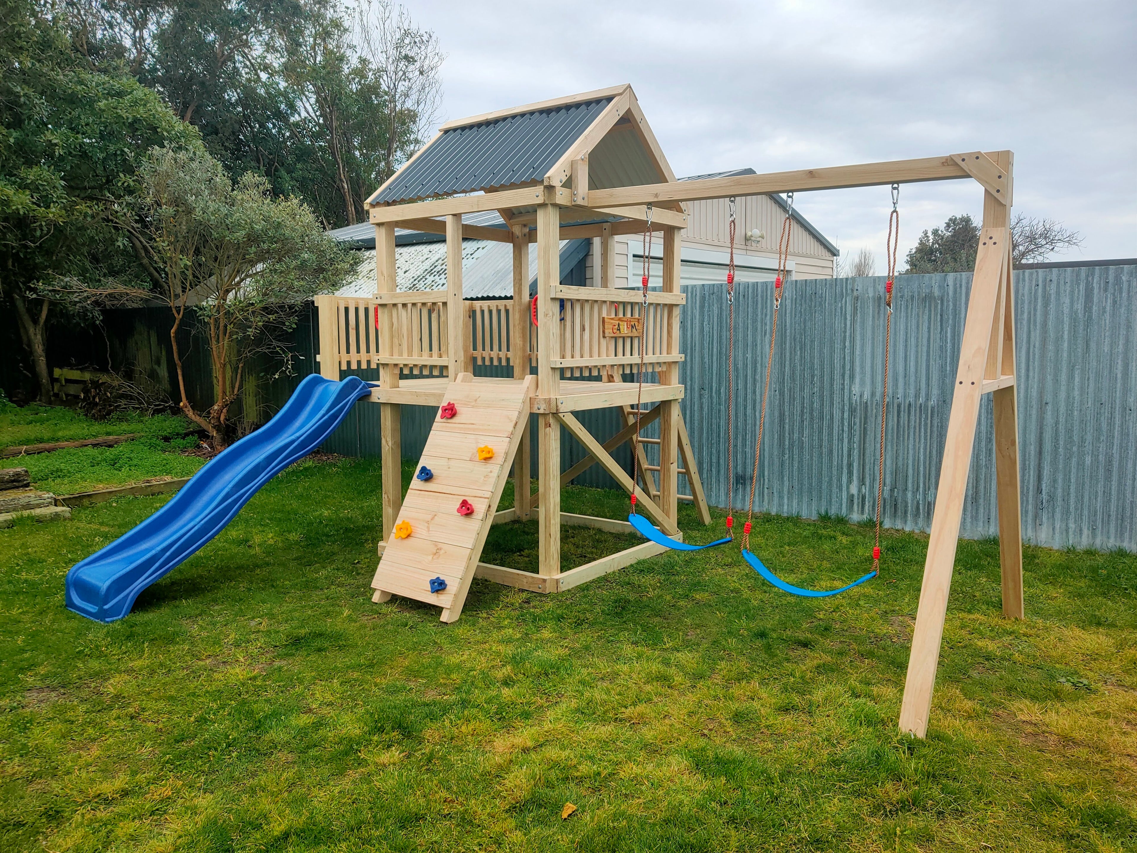 Large 2.1mx1.5m Balcony Tower (#1) - small rock wall, wave slide and swings