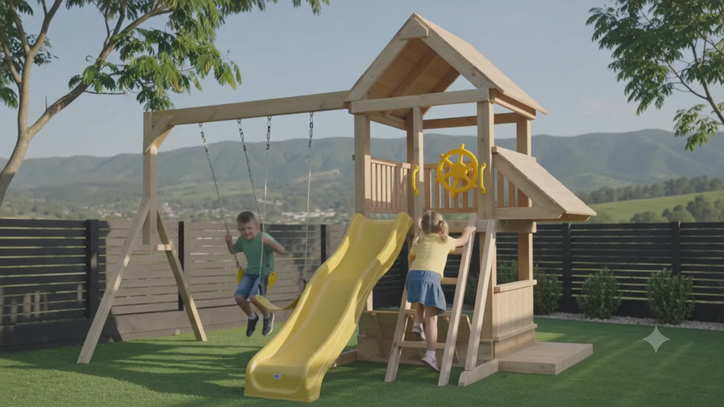 Standard 1.2mx1.2m Play Tower (#6) - with shopfront, patio, slide and swings