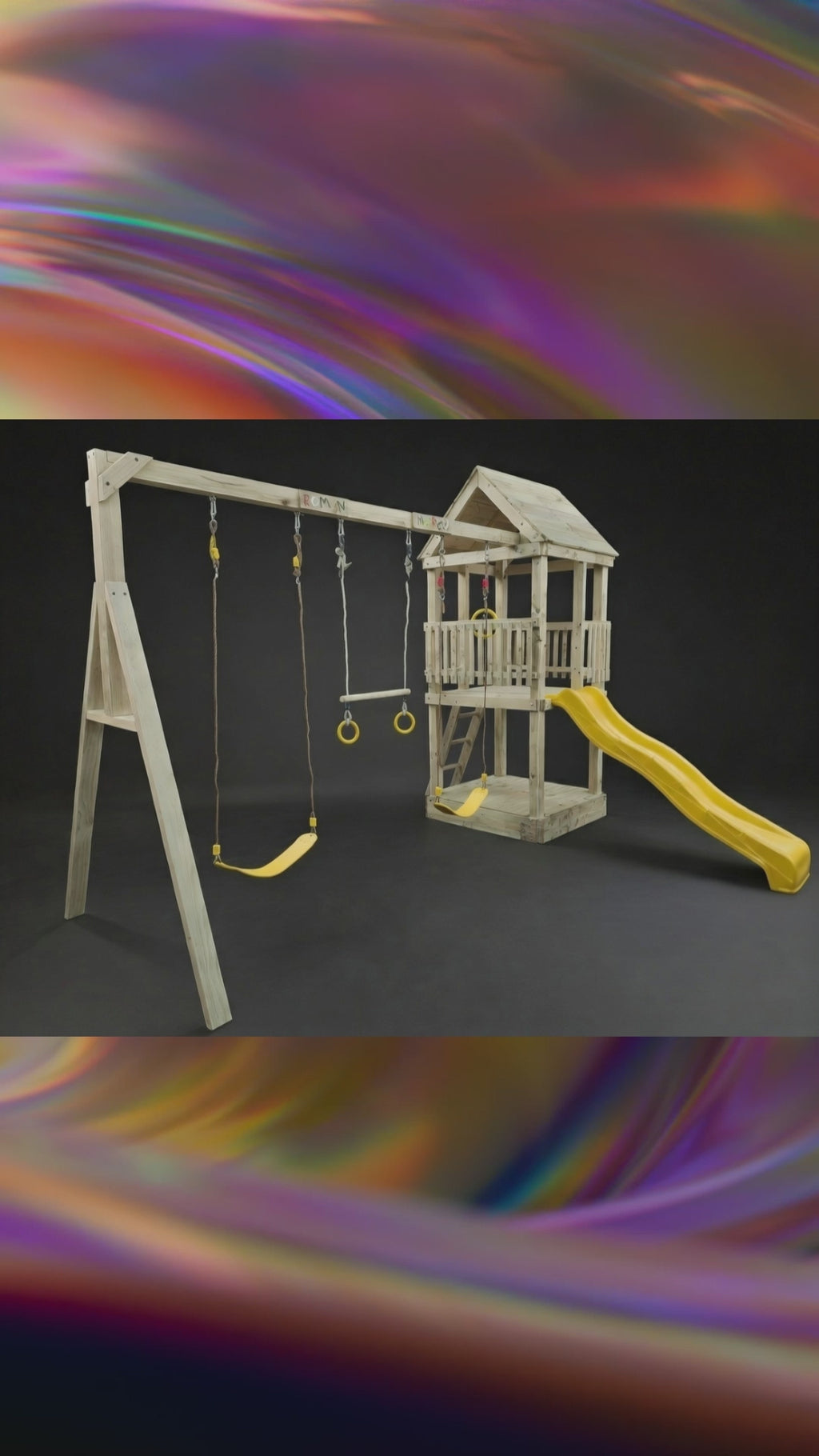 Standard 1.2mx1.2m Play Triple Delight Tower (#9) - with trapeze, slide and 2 swings