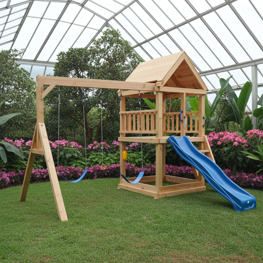 Large 1.5mx1.5m Play Tower (#1) - with slide, sandpit and swings