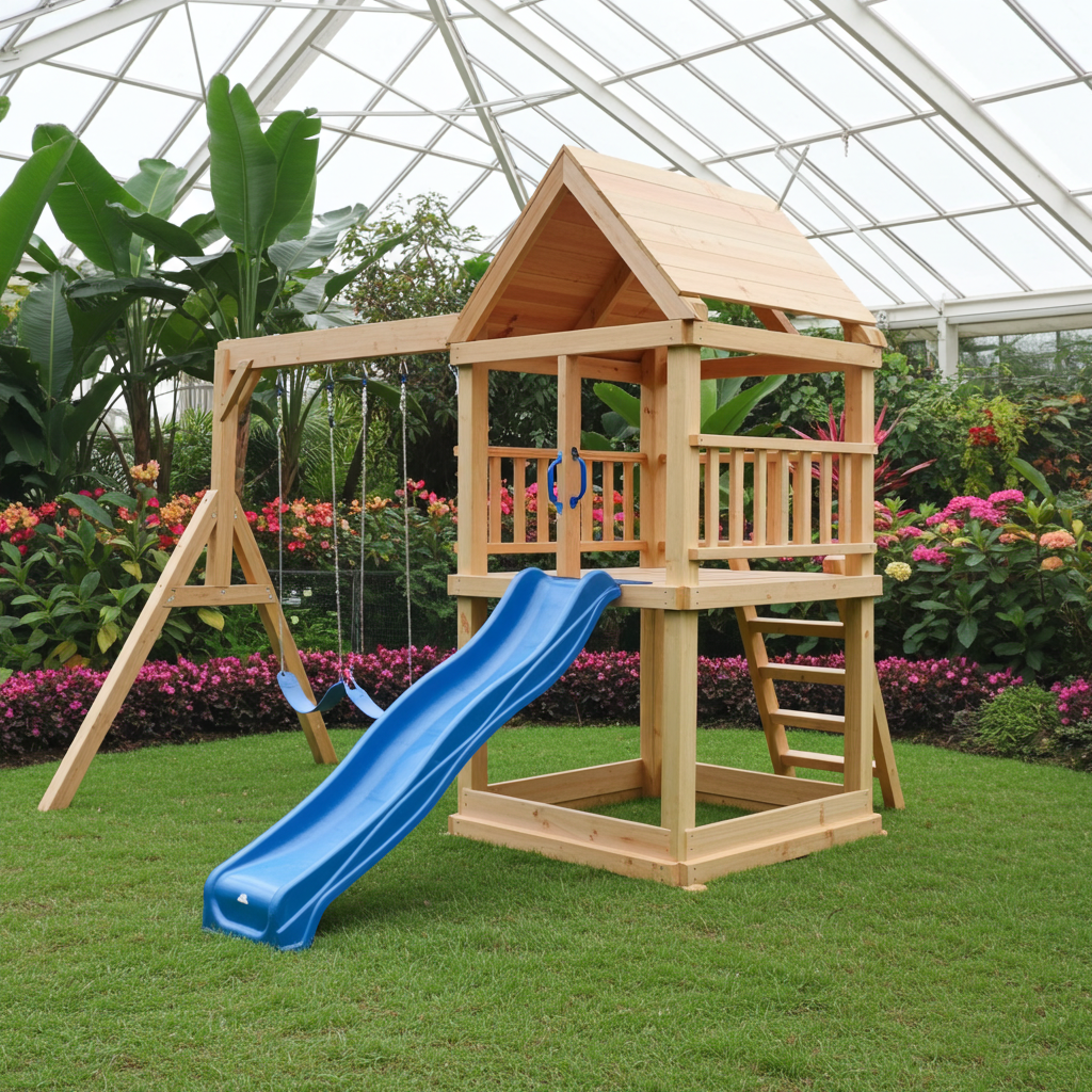 Large 1.5mx1.5m Play Tower (#1) - with slide, sandpit and swings